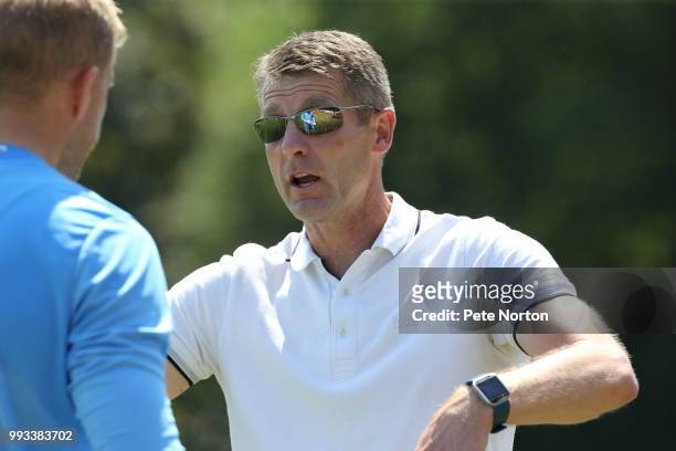 Northampton Town manager Dean Austin makes a point to David Cornell players during the pre-season friendly match between St Albans City and...