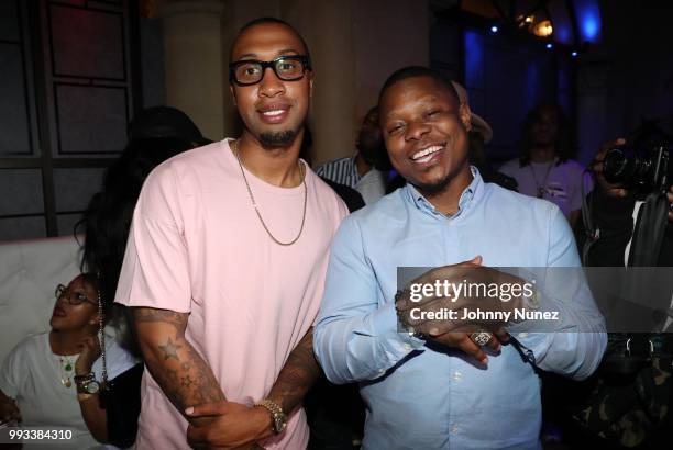 Cortez Bryant and Jason Mitchell attend Welcome To New Orleans at Masquerade Club At Harrah's on July 6, 2018 in New Orleans, Louisiana.