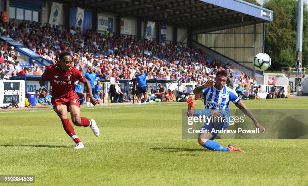 Nathaniel Clyne of Liverpool crosses the ball during the Pre-season friendly between Chester FC and Liverpool on July 7, 2018 in Chester, United...