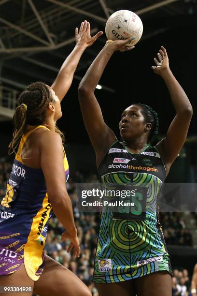 Jhaniele Fowler of the Fever puts a shot up during the round 10 Super Netball match between the Fever and the Lightning at HBF Stadium on July 7,...