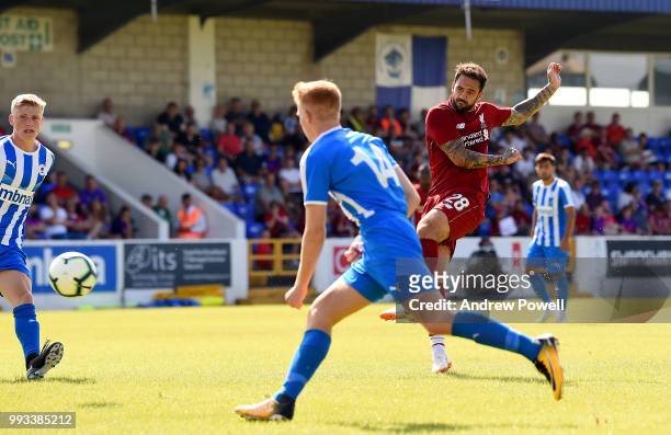 Danny Ings of Liverpool scoring a goal during the Pre-season friendly between Chester FC and Liverpool on July 7, 2018 in Chester, United Kingdom.