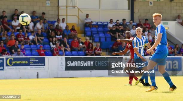 Daniel Sturridge of Liverpool scores another goal for Liverpool during the Pre-season friendly between Chester FC and Liverpool on July 7, 2018 in...