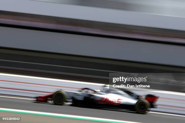 Kevin Magnussen of Denmark driving the Haas F1 Team VF-18 Ferrari on track during qualifying for the Formula One Grand Prix of Great Britain at...