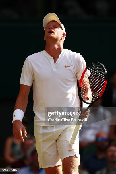 Kyle Edmund of Great Britain reacts against Novak Djokovic of Serbia during their Men's Singles third round match on day six of the Wimbledon Lawn...