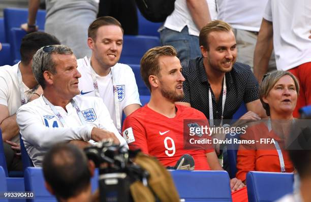 Harry Kane of England celebrates with his friends and family following his sides victory in the 2018 FIFA World Cup Russia Quarter Final match...