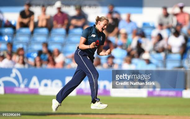 Laura Marsh of England celebrates getting a wicket during the 1st ODI ICC Women's Championship match between England Women and New Zealand at...