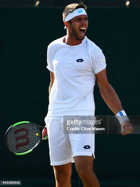 Jiri Vesely of Czech Republic celebrates after defeating Fabio Fognini of Italy in their Men's Singles third round match on day six of the Wimbledon...