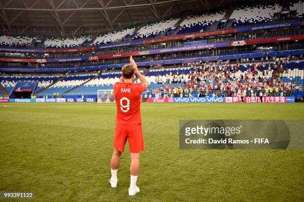 Harry Kane of England acknowledges the fans following victory during the 2018 FIFA World Cup Russia Quarter Final match between Sweden and England at...