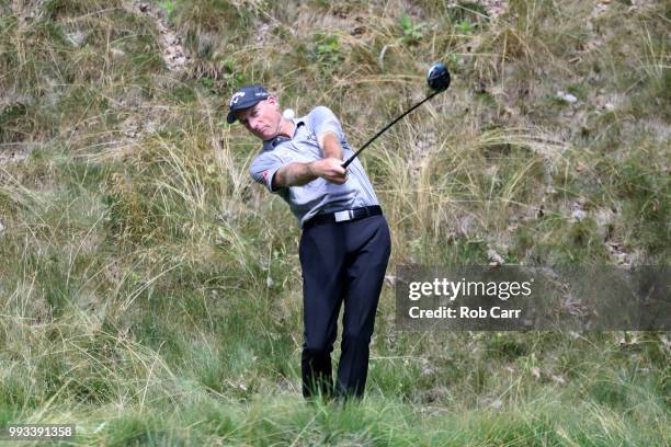 Jim Furyk tees off on the seventh tee during round one of A Military Tribute At The Greenbrier held at the Old White TPC course on July 5, 2018 in...