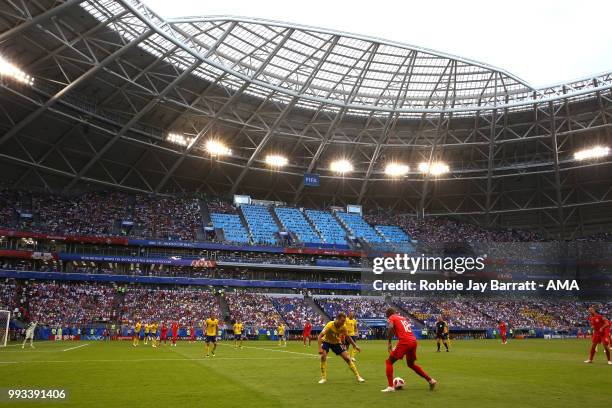 General View of Ashley Young of England in action in the Samara Arena during the 2018 FIFA World Cup Russia Quarter Final match between Sweden and...