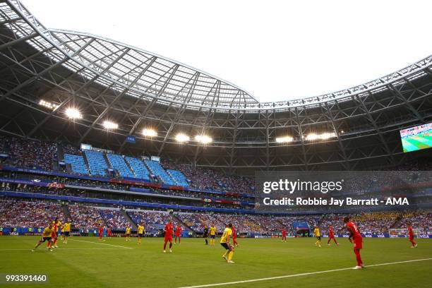General View of Ashley Young of England in action in the Samara Arena during the 2018 FIFA World Cup Russia Quarter Final match between Sweden and...
