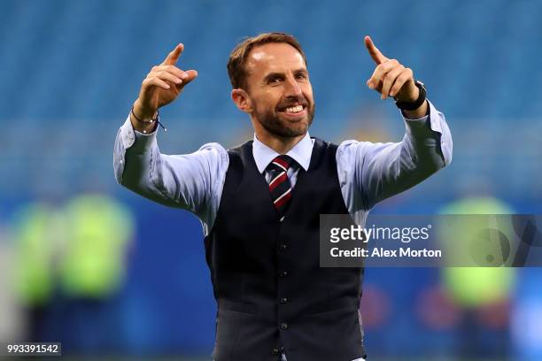 Gareth Southgate, Manager of England celebrates at the final whistle following victory during the 2018 FIFA World Cup Russia Quarter Final match...