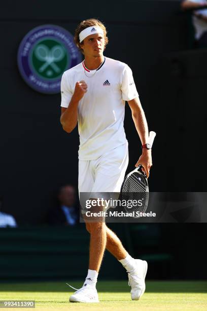 Alexander Zverev of Germany celebrates a point against Ernests Gulbis of Latvia during their Men's Singles third round match on day six of the...