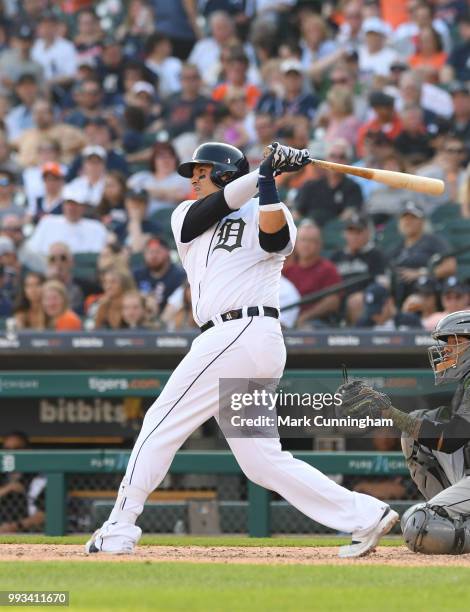 Victor Martinez of the Detroit Tigers bats during the game against the Chicago White Sox at Comerica Park on May 26, 2018 in Detroit, Michigan. The...