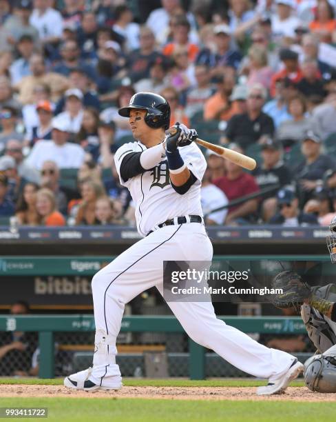 Victor Martinez of the Detroit Tigers bats during the game against the Chicago White Sox at Comerica Park on May 26, 2018 in Detroit, Michigan. The...