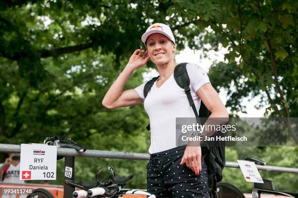 Daniela Ryf of Switzerland is seen at the transition zone ahead the Mainova IRONMAN European Championship on July 7, 2018 in Frankfurt am Main,...