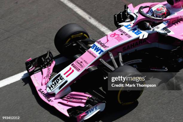 Sergio Perez of Mexico driving the Sahara Force India F1 Team VJM11 Mercedes on track during qualifying for the Formula One Grand Prix of Great...