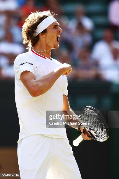 Alexander Zverev of Germany celebrates a point against Ernests Gulbis of Latvia during their Men's Singles third round match on day six of the...