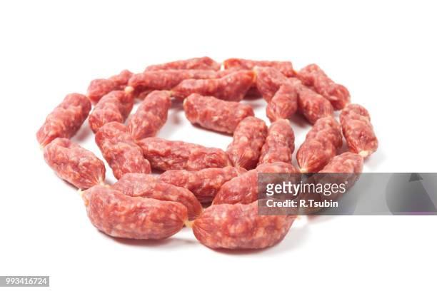 mini sausages on white background - anatomical substance imagens e fotografias de stock