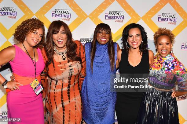 Guest, Kym Whitley, Mikki Taylor, Michelle Miller and Esi Eggleston Bracey attend the 2018 Essence Festival presented by Coca-Cola at Ernest N....