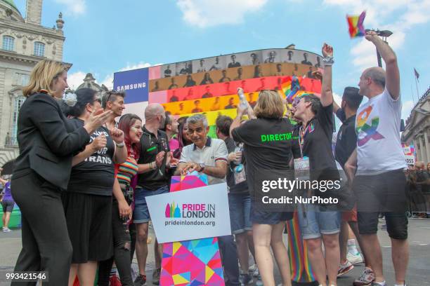 Sadiq Khan turning Picadilly Circus in to celebrate Pride, United Kingdom, on July 7, 2018.