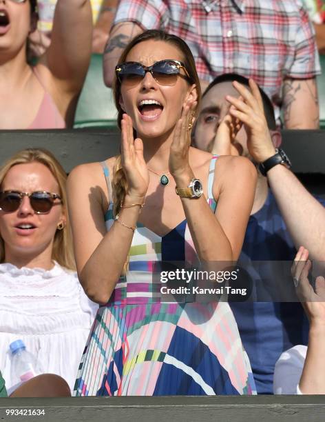 Jelena Djokovic attends day six of the Wimbledon Tennis Championships at the All England Lawn Tennis and Croquet Club on July 7, 2018 in London,...