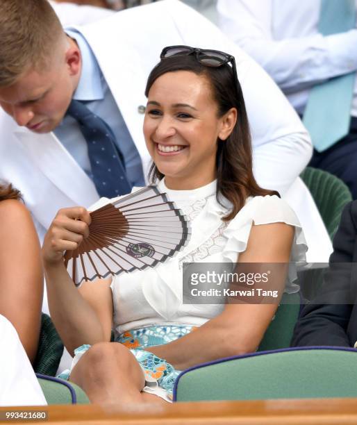 Jessica Ennis-Hill attends day six of the Wimbledon Tennis Championships at the All England Lawn Tennis and Croquet Club on July 7, 2018 in London,...