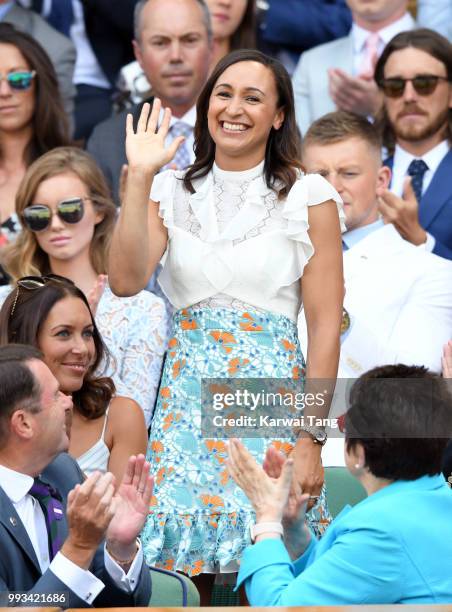 Jessica Ennis-Hill attends day six of the Wimbledon Tennis Championships at the All England Lawn Tennis and Croquet Club on July 7, 2018 in London,...