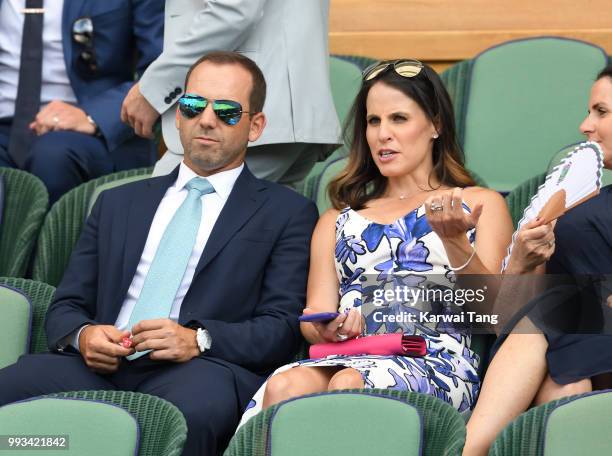 Sergio Garcia and Angela Akins Garcia attend day six of the Wimbledon Tennis Championships at the All England Lawn Tennis and Croquet Club on July 7,...