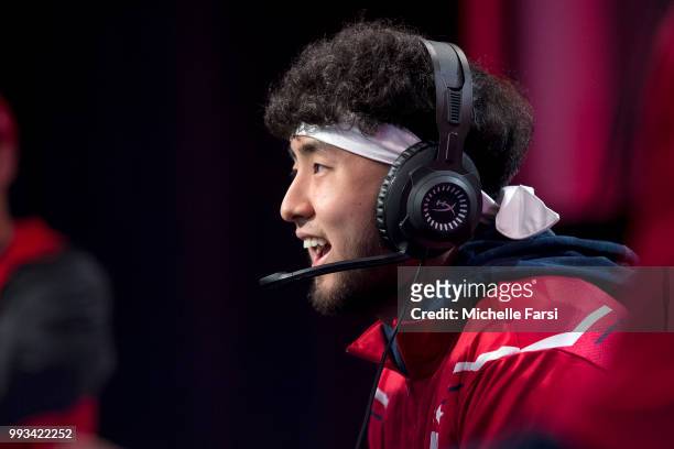 Jin of the Wizards District Gaming enjoys the competition during the game against Grizz Gaming on July 7, 2018 at the NBA 2K Studio in Long Island...