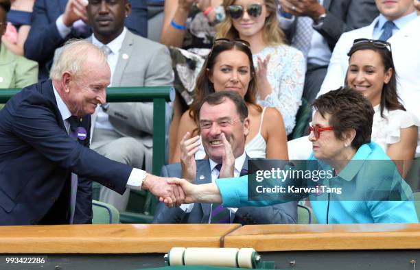Rod Laver, Philip Brook and Billie Jean King attend day six of the Wimbledon Tennis Championships at the All England Lawn Tennis and Croquet Club on...
