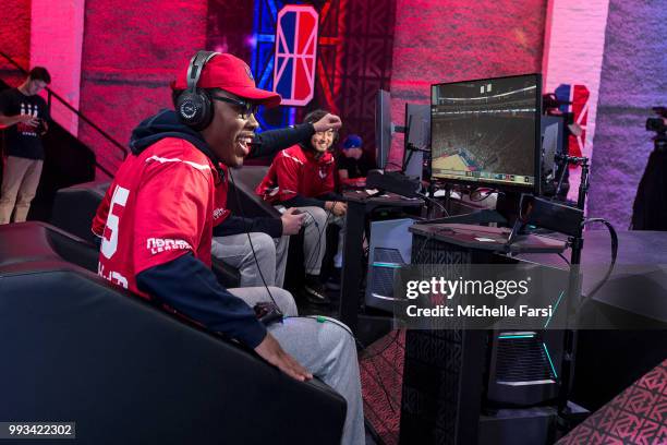 ReeseDaGod23 of the Wizards District Gaming reacts during the game against Grizz Gaming on July 7, 2018 at the NBA 2K Studio in Long Island City, New...