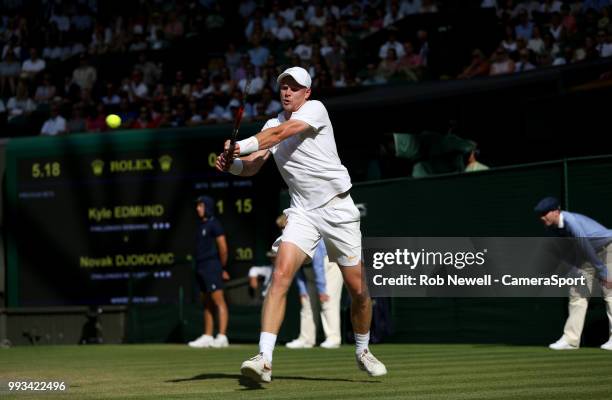 Kyle Edmund during his match against Novak Djokovic in their Men's Singles Third Round match at All England Lawn Tennis and Croquet Club on July 7,...