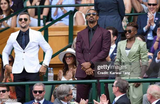 Carl Froch, David Haye and Nicola Adams attend day six of the Wimbledon Tennis Championships at the All England Lawn Tennis and Croquet Club on July...