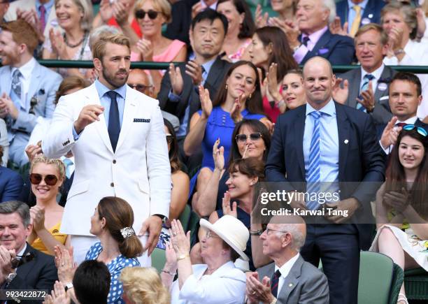 Chris Robshaw and Andrew Strauss attend day six of the Wimbledon Tennis Championships at the All England Lawn Tennis and Croquet Club on July 7, 2018...