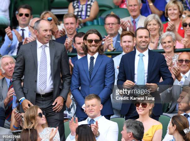 Matt Kuchar, Sergio Garcia and Tommy Fleetwood attend day six of the Wimbledon Tennis Championships at the All England Lawn Tennis and Croquet Club...