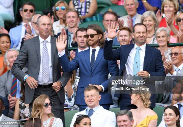 Matt Kuchar, Sergio Garcia and Tommy Fleetwood attend day six of the Wimbledon Tennis Championships at the All England Lawn Tennis and Croquet Club...