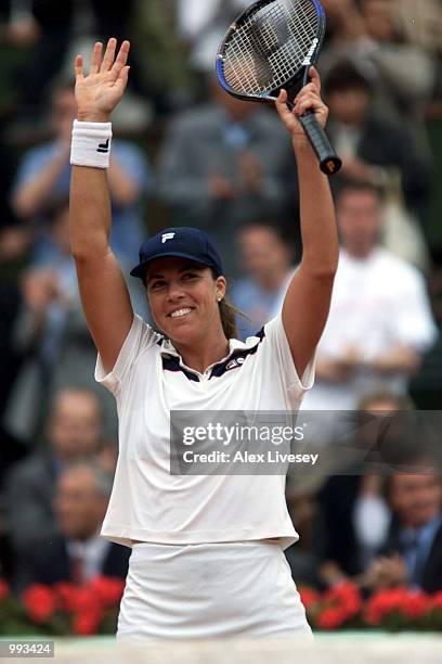 Jennifer Capriati of the USA celebrates after winning her Semi final match against Martina Hingis of Switzerland during the French Open Tennis at...