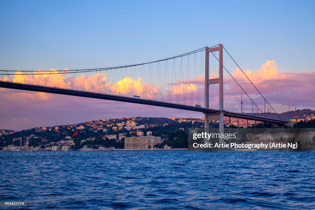 Sunset View of the Dolmabahçe Palace with the Bosphorus Bridge, Istanbul, Turkey