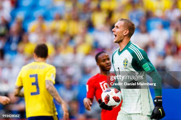Goalkeeper Robin Olsen of Sweden with the ball in his hand during the 2018 FIFA World Cup Russia Quarter Final match between Sweden and England at...