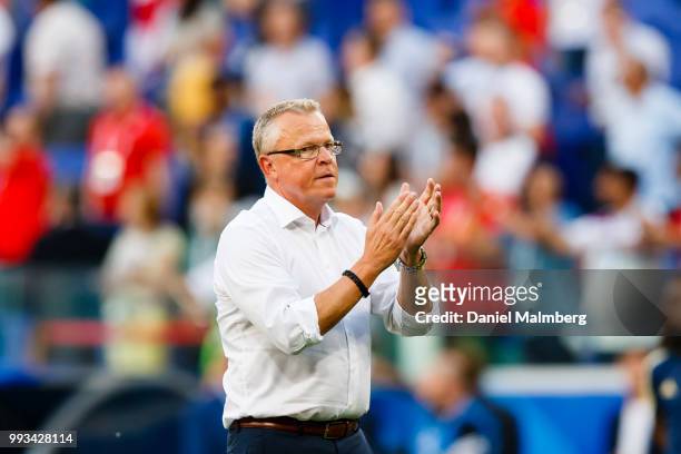 Coach Janne Andersson of Sweden looks dejected after the 2018 FIFA World Cup Russia Quarter Final match between Sweden and England at Samara Arena on...