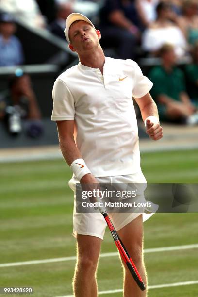 Kyle Edmund of Great Britain reacts against Novak Djokovic of Serbia during their Men's Singles third round match on day six of the Wimbledon Lawn...