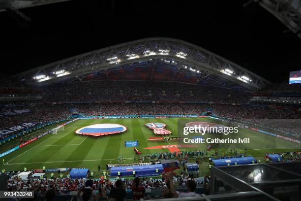 General view inside the stadium as teams line up prior to the 2018 FIFA World Cup Russia Quarter Final match between Russia and Croatia at Fisht...