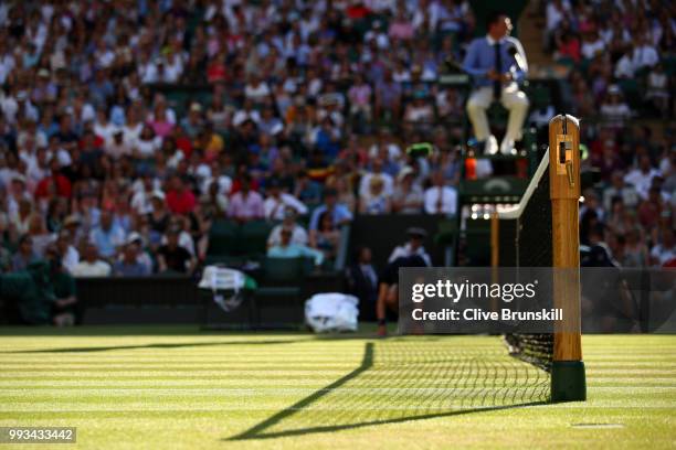 Detailed view of the net on center court on day six of the Wimbledon Lawn Tennis Championships at All England Lawn Tennis and Croquet Club on July 7,...