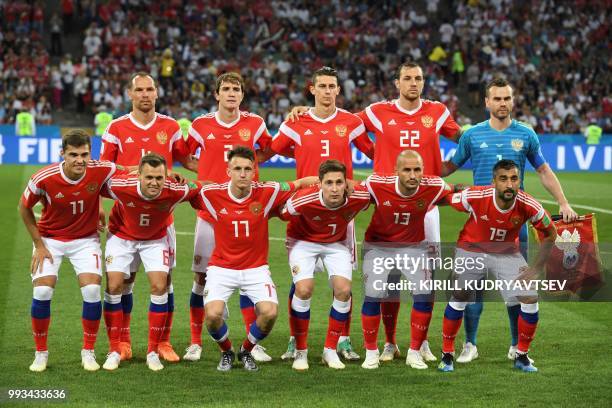 Russia's defender Sergey Ignashevich, Russia's defender Mario Fernandes, Russia's defender Ilja Kutepov, Russia's forward Artem Dzyuba, Russia's...