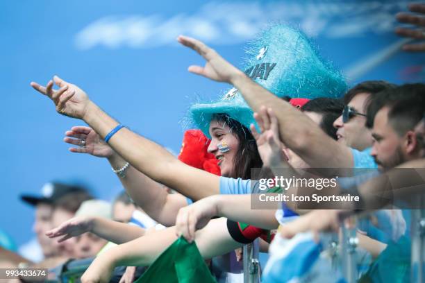 Fans of Uruguay during the Quarter-Final match between Uruguay and France in the 2018 FIFA World Cup on July 6 at Nizhny Novgorod Stadium in Nizhny...