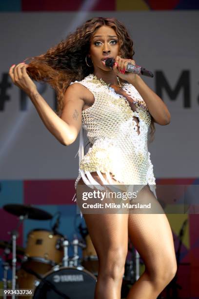 Alexandra Burke performs on the Trafalgar Square Stage during Pride In London on July 7, 2018 in London, England. It is estimated over 1 million...