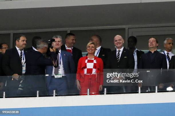 President of Croatia Kolinda Grabar-Kitarovic and FIFA president Gianni Infantino look on during the 2018 FIFA World Cup Russia Quarter Final match...