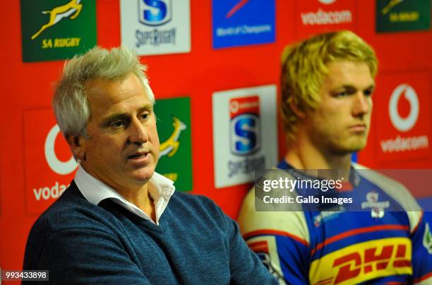 Robbie Fleck and Pieter-Steph du Toit of the Stormers during the Super Rugby match between DHL Stormers and Cell C Sharks at DHL Newlands on July 07,...