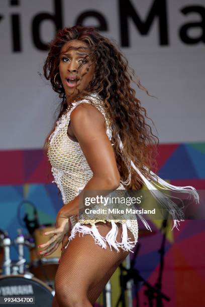 Alexandra Burke performs on the Trafalgar Square Stage during Pride In London on July 7, 2018 in London, England. It is estimated over 1 million...